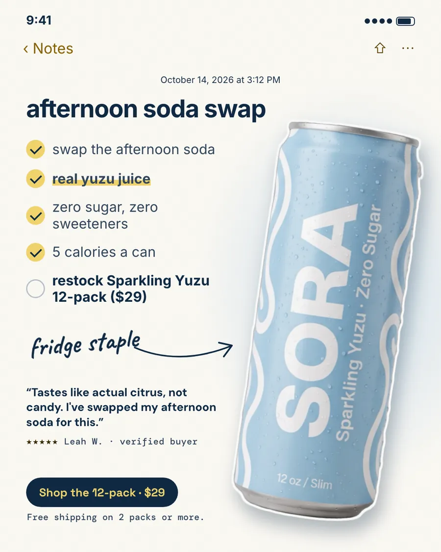Off-white Sora ad styled as a phone note: 'afternoon soda swap' above a checklist (real yuzu juice, zero sugar, 5 calories a can, restock 12-pack $29), a light blue Sparkling Yuzu can, a review quote and a 'Shop the 12-pack · $29' button.