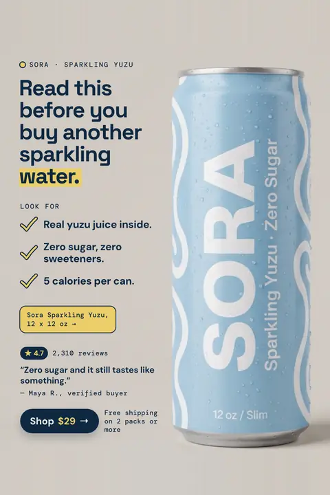 Light gray Sora ad: 'Read this before you buy another sparkling water.' with a three-point checklist (real yuzu juice, zero sugar and sweeteners, 5 calories per can), a 4.7 rating, a quoted review, a $29 Shop button and a blue Sparkling Yuzu can. Shown here in the 2:3 Pinterest size.
