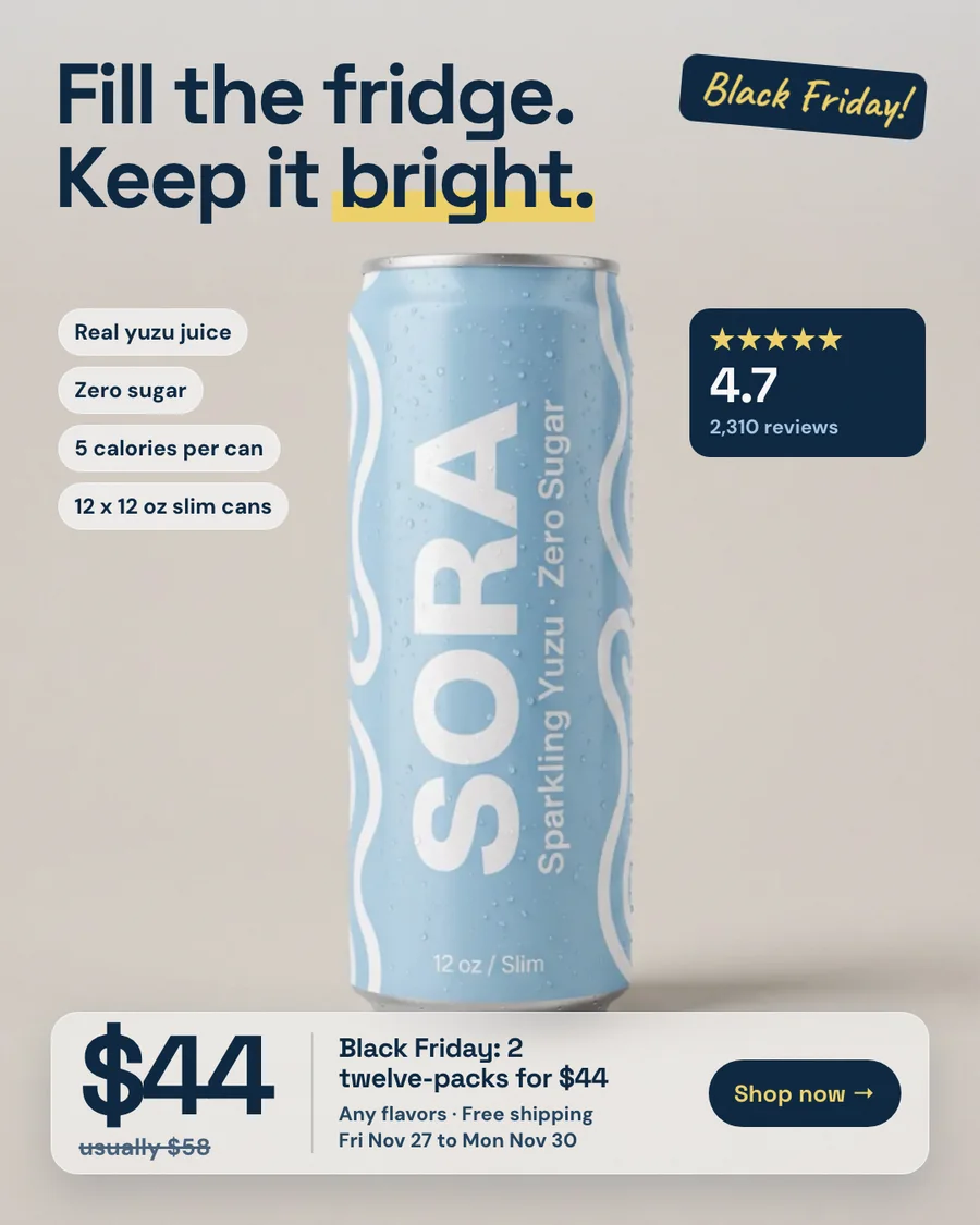 Light Sora ad: 'Fill the fridge. Keep it bright.' with chips for real yuzu juice, zero sugar, 5 calories and 12 x 12 oz slim cans, a 4.7 rating badge, and a bottom bar: $44, usually $58, Black Friday, 2 twelve-packs.