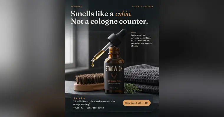 Dark charcoal Stagwick ad: 'Smells like a cabin. Not a cologne counter.' above an amber dropper bottle of Cedar & Vetiver beard oil, with a wood brush, a gray towel and a cedar sprig. A five-star quote from Tyler M. and a 'Shop beard oil, $24' button sit below. The 1.91:1 version.