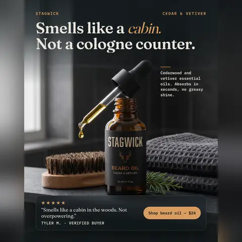 Dark charcoal Stagwick ad: 'Smells like a cabin. Not a cologne counter.' above an amber dropper bottle of Cedar & Vetiver beard oil, with a wood brush, a gray towel and a cedar sprig. A five-star quote from Tyler M. and a 'Shop beard oil, $24' button sit below. The 1:1 version.