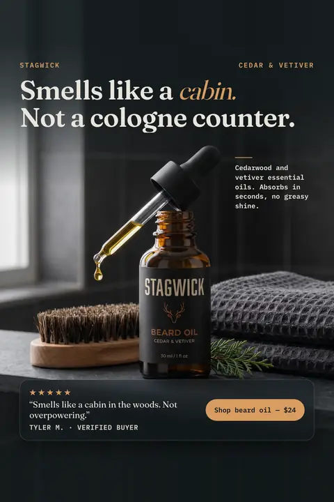 Dark charcoal Stagwick ad: 'Smells like a cabin. Not a cologne counter.' above an amber dropper bottle of Cedar & Vetiver beard oil, with a wood brush, a gray towel and a cedar sprig. A five-star quote from Tyler M. and a 'Shop beard oil, $24' button sit below. Shown here in the 2:3 Pinterest size.