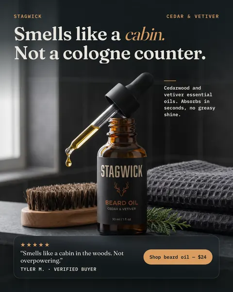 Dark charcoal Stagwick ad: 'Smells like a cabin. Not a cologne counter.' above an amber dropper bottle of Cedar & Vetiver beard oil, with a wood brush, a gray towel and a cedar sprig. A five-star quote from Tyler M. and a 'Shop beard oil, $24' button sit below. The 4:5 version.