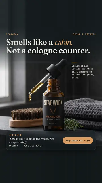 Dark charcoal Stagwick ad: 'Smells like a cabin. Not a cologne counter.' above an amber dropper bottle of Cedar & Vetiver beard oil, with a wood brush, a gray towel and a cedar sprig. A five-star quote from Tyler M. and a 'Shop beard oil, $24' button sit below. The 9:16 version.