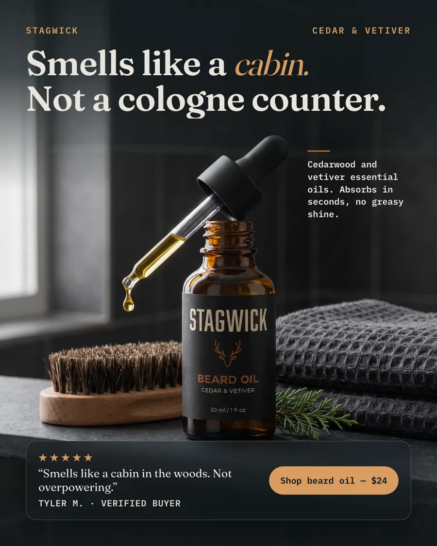 Dark charcoal Stagwick ad: 'Smells like a cabin. Not a cologne counter.' above an amber dropper bottle of Cedar & Vetiver beard oil, with a wood brush, a gray towel and a cedar sprig. A five-star quote from Tyler M. and a 'Shop beard oil, $24' button sit below.