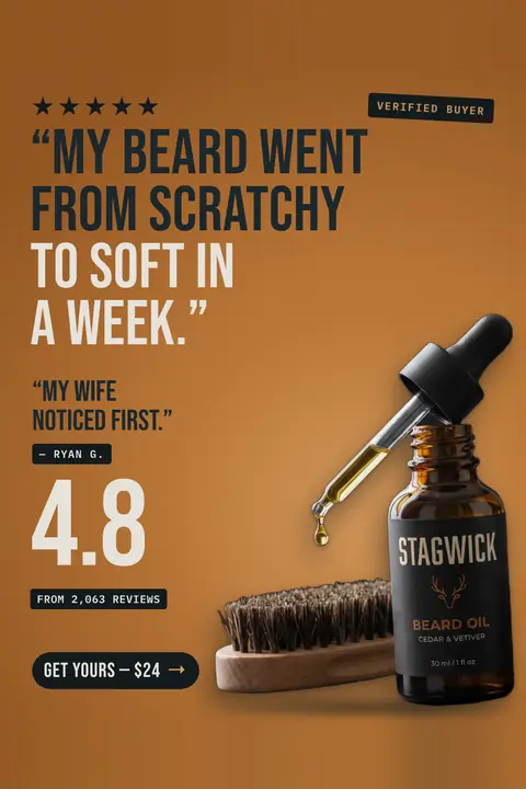 Warm amber Stagwick ad: '“My beard went from scratchy to soft in a week.”' with five stars, a Verified Buyer tag, the quote 'My wife noticed first.' by Ryan G., 4.8 from 2,063 reviews, a beard oil bottle with a brush, and a 'Get yours, $24' button. Shown here in the 2:3 Pinterest size.