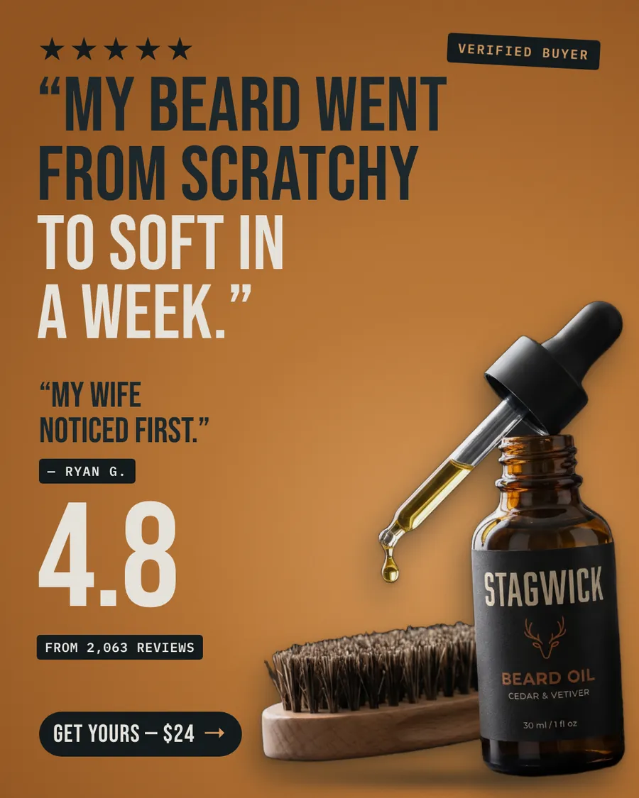 Warm amber Stagwick ad: '“My beard went from scratchy to soft in a week.”' with five stars, a Verified Buyer tag, the quote 'My wife noticed first.' by Ryan G., 4.8 from 2,063 reviews, a beard oil bottle with a brush, and a 'Get yours, $24' button.