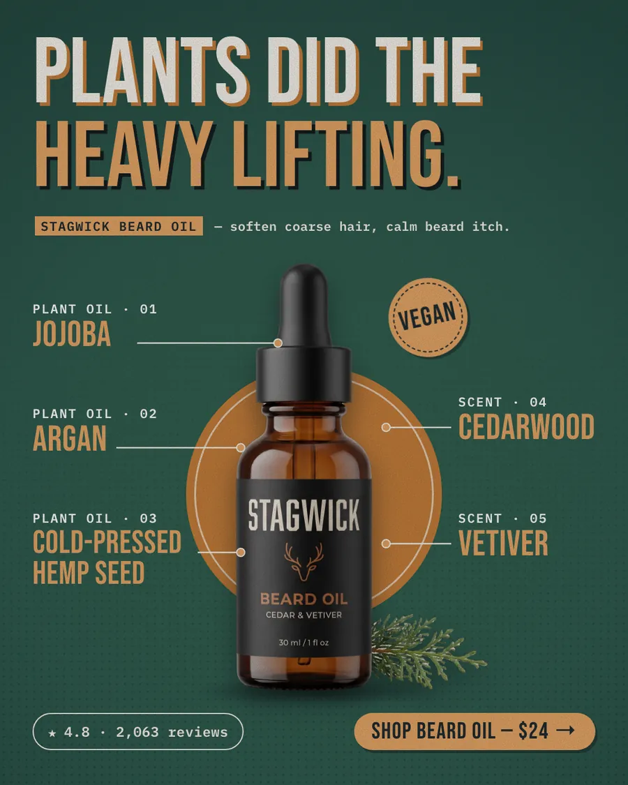 Dark green Stagwick ad: 'Plants did the heavy lifting.' with an amber dropper bottle of Stagwick Beard Oil, five labeled ingredients (jojoba, argan, cold-pressed hemp seed, cedarwood, vetiver), a Vegan sticker, 4.8 from 2,063 reviews and a 'Shop beard oil, $24' button.