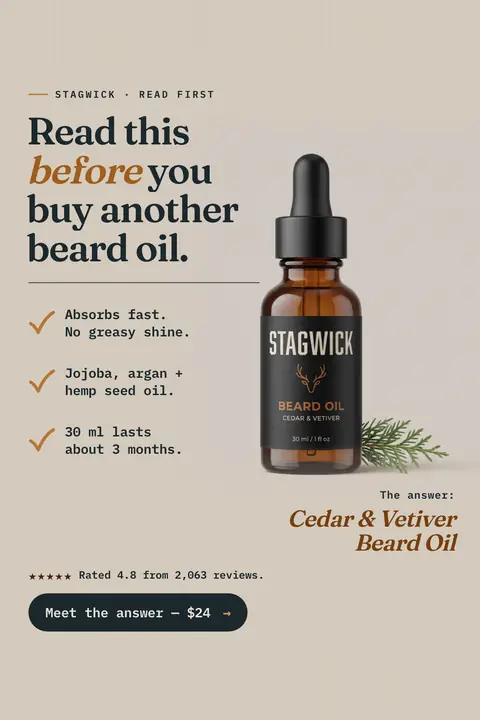 Warm gray Stagwick ad: 'Read this before you buy another beard oil.' with three checkmarks (absorbs fast, jojoba, argan and hemp seed oil, 30 ml lasts about 3 months), an amber dropper bottle, 4.8 from 2,063 reviews and a 'Meet the answer, $24' button. Shown here in the 2:3 Pinterest size.