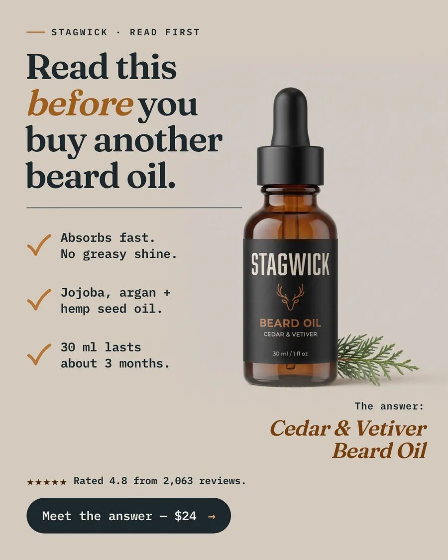 Warm gray Stagwick ad: 'Read this before you buy another beard oil.' with three checkmarks (absorbs fast, jojoba, argan and hemp seed oil, 30 ml lasts about 3 months), an amber dropper bottle, 4.8 from 2,063 reviews and a 'Meet the answer, $24' button.