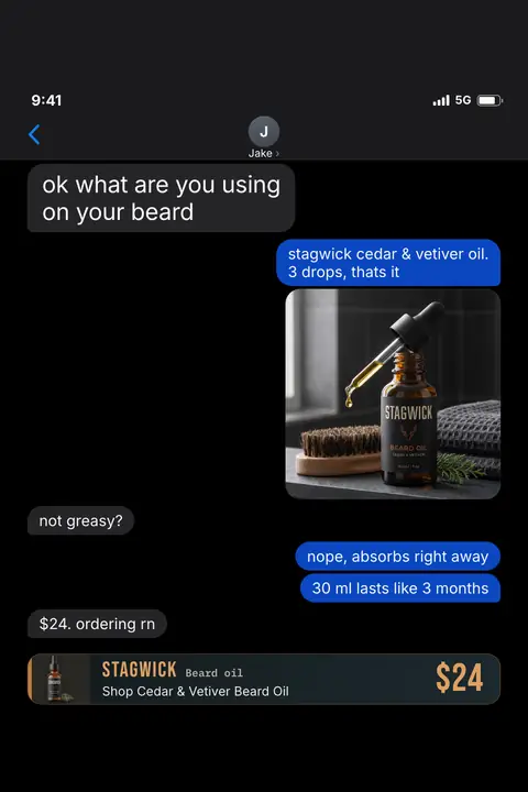 Black iMessage-style Stagwick ad: 'ok what are you using on your beard' as a text from Jake, with a reply naming the cedar and vetiver oil, a photo of the amber dropper bottle, 'not greasy?', '30 ml lasts like 3 months', '$24. ordering rn' and a $24 shop button. Shown here in the 2:3 Pinterest size.