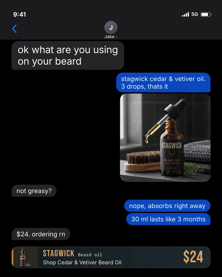 Black iMessage-style Stagwick ad: 'ok what are you using on your beard' as a text from Jake, with a reply naming the cedar and vetiver oil, a photo of the amber dropper bottle, 'not greasy?', '30 ml lasts like 3 months', '$24. ordering rn' and a $24 shop button.