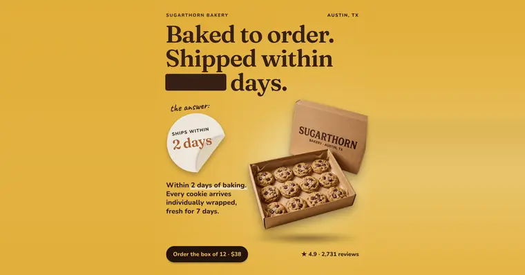 Golden yellow Sugarthorn Bakery ad: 'Baked to order. Shipped within ____ days.' with a blank in the headline, answered by a peeled sticker reading Ships within 2 days, a photo of an open box of 12 cookies, and an 'Order the box of 12 · $38' button. The 1.91:1 version.