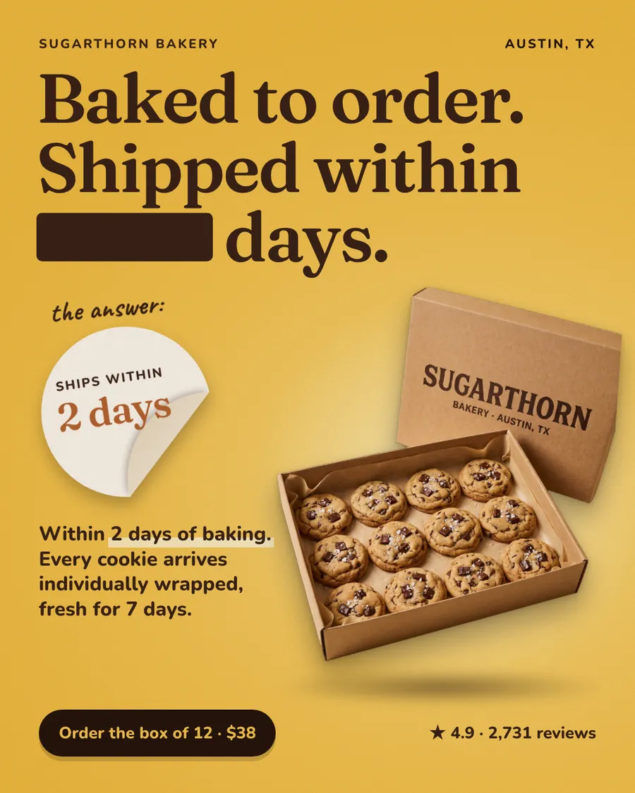 Golden yellow Sugarthorn Bakery ad: 'Baked to order. Shipped within ____ days.' with a blank in the headline, answered by a peeled sticker reading Ships within 2 days, a photo of an open box of 12 cookies, and an 'Order the box of 12 · $38' button.