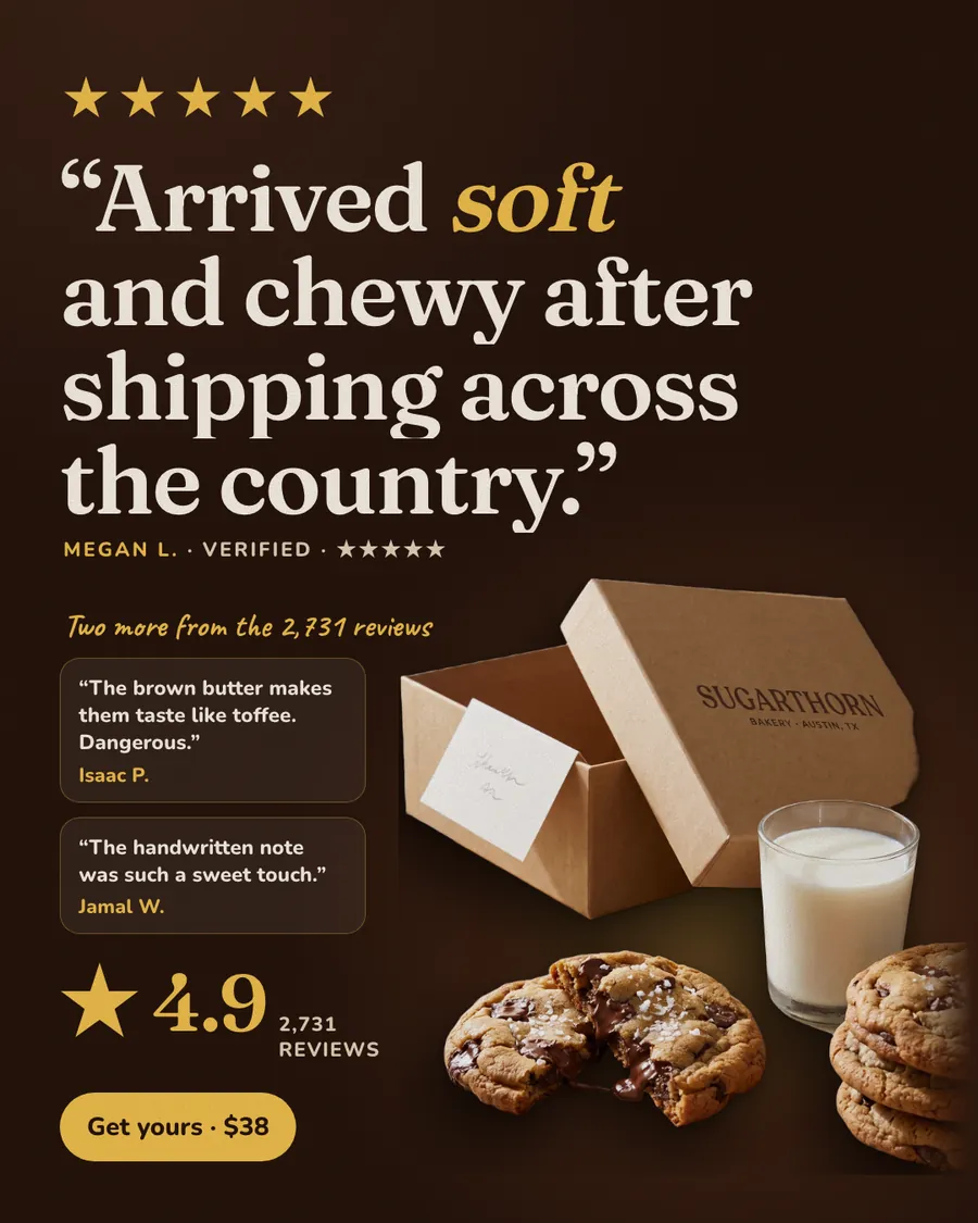 Dark brown Sugarthorn Bakery ad: '“Arrived soft and chewy after shipping across the country.”' with five gold stars and Megan L., two shorter reviews, 4.9 from 2,731 reviews, an open kraft box with a note, cookies, a glass of milk and a 'Get yours · $38' button.