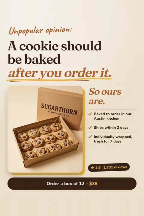 Cream Sugarthorn Bakery ad: 'Unpopular opinion: A cookie should be baked after you order it.' beside a photo of an open kraft box of 12 cookies, three checkmark lines, 4.9 from 2,731 reviews and an 'Order a box of 12 · $38' button. Shown here in the 2:3 Pinterest size.