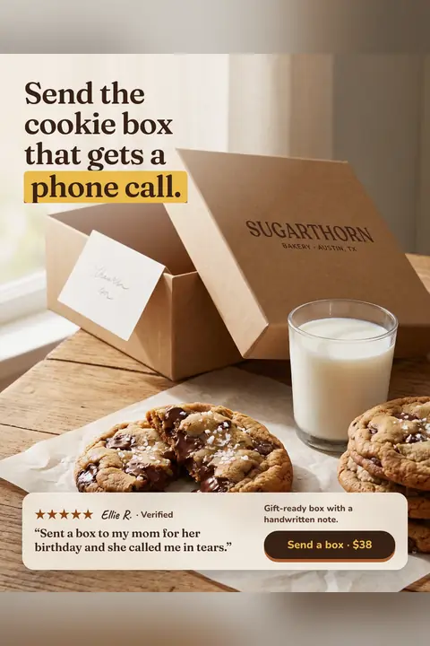 Warm cream and wood-toned Sugarthorn Bakery ad: 'Send the cookie box that gets a phone call.' with 'phone call.' highlighted in yellow. An open kraft cookie box with a handwritten note, a glass of milk, a split chocolate chip cookie, a five-star review quote and a 'Send a box · $38' button. Shown here in the 2:3 Pinterest size.