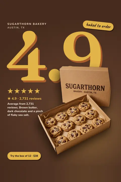 Dark brown Sugarthorn Bakery ad: '4.9' in huge yellow numbers with five stars, 4.9 from 2,731 reviews, a 'baked to order' tag, an open kraft box of 12 chocolate chip cookies, and a 'Try the box of 12 · $38' button. Shown here in the 2:3 Pinterest size.
