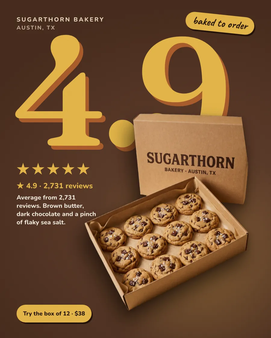 Dark brown Sugarthorn Bakery ad: '4.9' in huge yellow numbers with five stars, 4.9 from 2,731 reviews, a 'baked to order' tag, an open kraft box of 12 chocolate chip cookies, and a 'Try the box of 12 · $38' button.