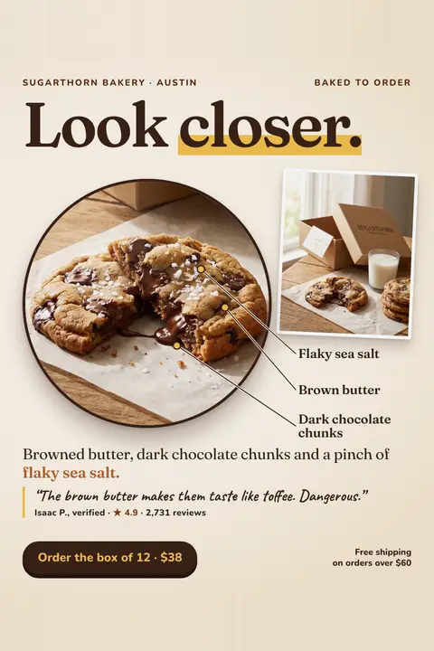 Cream-colored Sugarthorn Bakery ad: 'Look closer.' above a round close-up of a broken cookie with melted chocolate, labeled flaky sea salt, brown butter and dark chocolate chunks. A cookie box photo, a quote, 4.9 stars and an 'Order the box of 12 · $38' button. Shown here in the 2:3 Pinterest size.