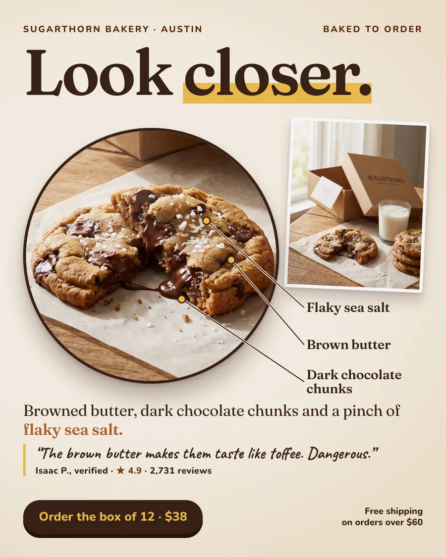 Cream-colored Sugarthorn Bakery ad: 'Look closer.' above a round close-up of a broken cookie with melted chocolate, labeled flaky sea salt, brown butter and dark chocolate chunks. A cookie box photo, a quote, 4.9 stars and an 'Order the box of 12 · $38' button.