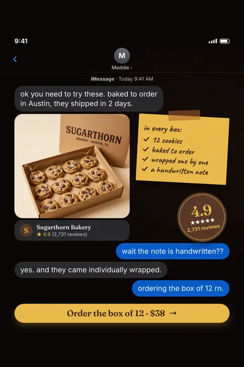 Dark text-thread screen, Sugarthorn Bakery ad: 'ok you need to try these. baked to order in Austin, they shipped in 2 days.' Shows an open box of 12 cookies, a yellow note of box contents, a 4.9 badge with 2,731 reviews, and an 'Order the box of 12 · $38' button. Shown here in the 2:3 Pinterest size.