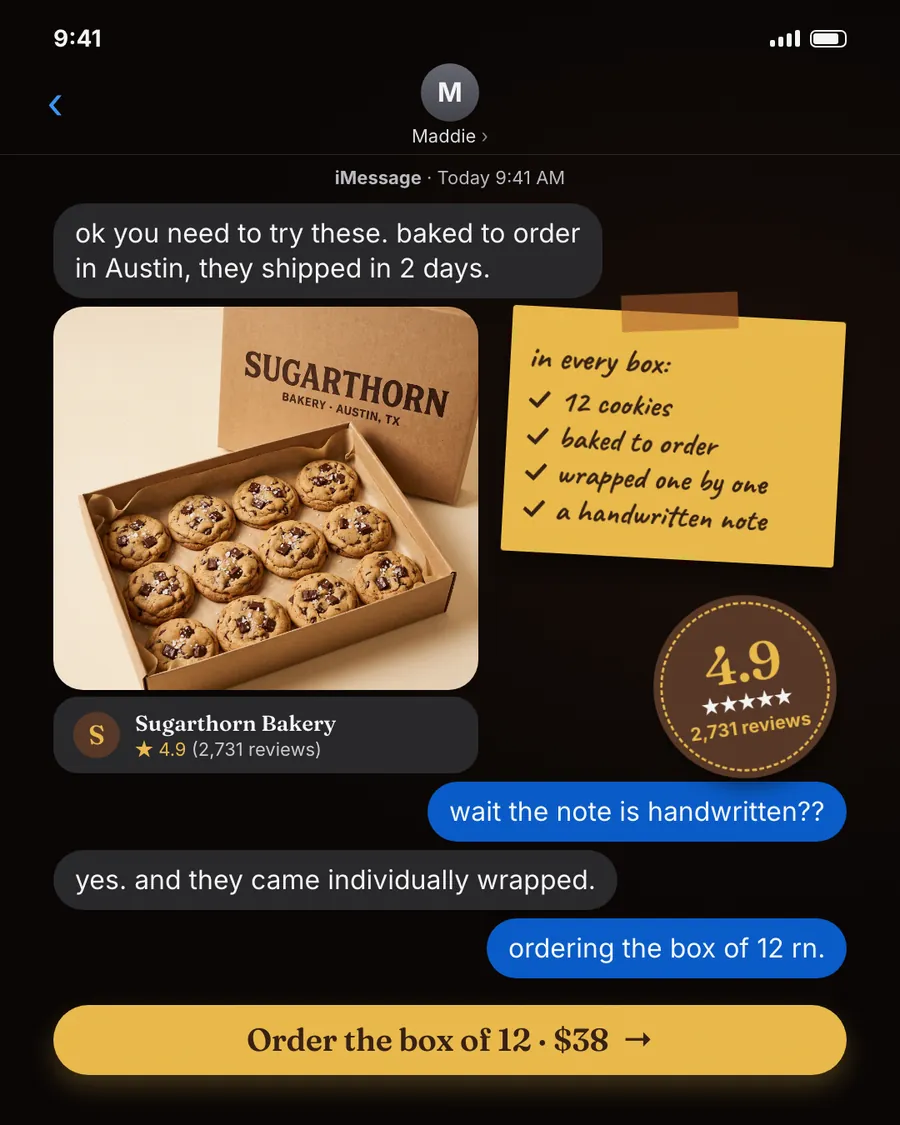 Dark text-thread screen, Sugarthorn Bakery ad: 'ok you need to try these. baked to order in Austin, they shipped in 2 days.' Shows an open box of 12 cookies, a yellow note of box contents, a 4.9 badge with 2,731 reviews, and an 'Order the box of 12 · $38' button.