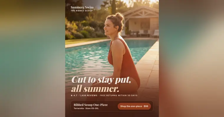 Warm sunlit poolside Sunmere Swim ad: 'Cut to stay put, all summer.' A smiling woman with her hair in a bun sits on the pool edge in a terracotta ribbed one-piece. It shows 4.7 from 1,938 reviews, free returns within 30 days and a $98 shop button. The 1.91:1 version.