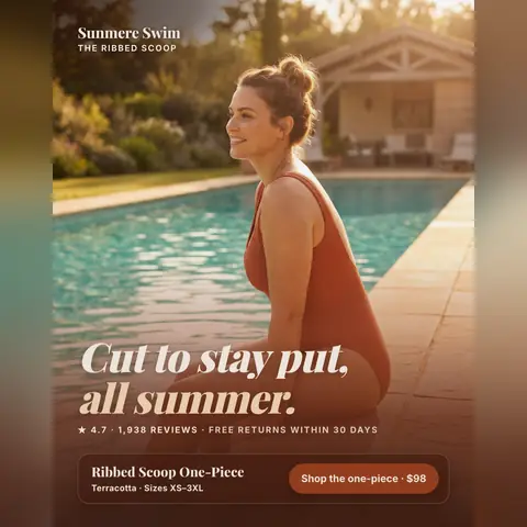 Warm sunlit poolside Sunmere Swim ad: 'Cut to stay put, all summer.' A smiling woman with her hair in a bun sits on the pool edge in a terracotta ribbed one-piece. It shows 4.7 from 1,938 reviews, free returns within 30 days and a $98 shop button. The 1:1 version.