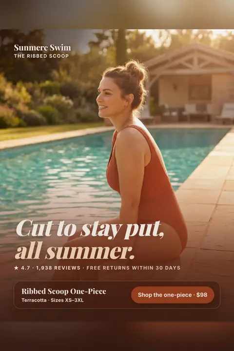 Warm sunlit poolside Sunmere Swim ad: 'Cut to stay put, all summer.' A smiling woman with her hair in a bun sits on the pool edge in a terracotta ribbed one-piece. It shows 4.7 from 1,938 reviews, free returns within 30 days and a $98 shop button. Shown here in the 2:3 Pinterest size.