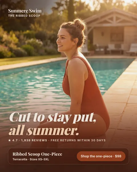 Warm sunlit poolside Sunmere Swim ad: 'Cut to stay put, all summer.' A smiling woman with her hair in a bun sits on the pool edge in a terracotta ribbed one-piece. It shows 4.7 from 1,938 reviews, free returns within 30 days and a $98 shop button. The 4:5 version.