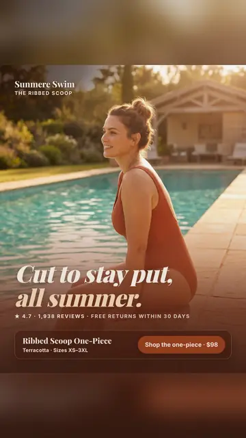 Warm sunlit poolside Sunmere Swim ad: 'Cut to stay put, all summer.' A smiling woman with her hair in a bun sits on the pool edge in a terracotta ribbed one-piece. It shows 4.7 from 1,938 reviews, free returns within 30 days and a $98 shop button. The 9:16 version.