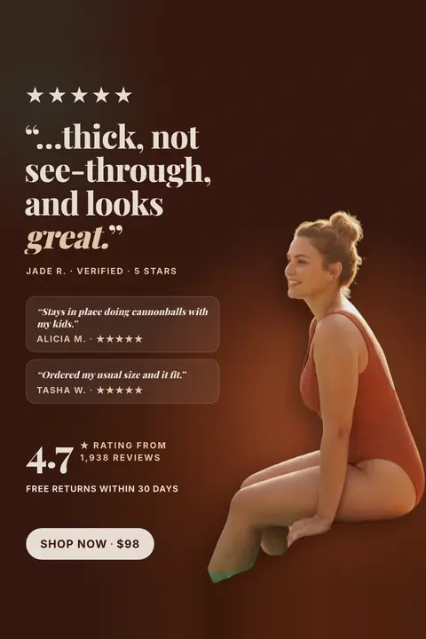 Dark brown Sunmere Swim ad: '...thick, not see-through, and looks great.' from Jade R., 5 stars, with two smaller review cards, 4.7 rating from 1,938 reviews, free returns within 30 days, a woman in a terracotta one-piece sitting by water, and a 'Shop now · $98' button. Shown here in the 2:3 Pinterest size.
