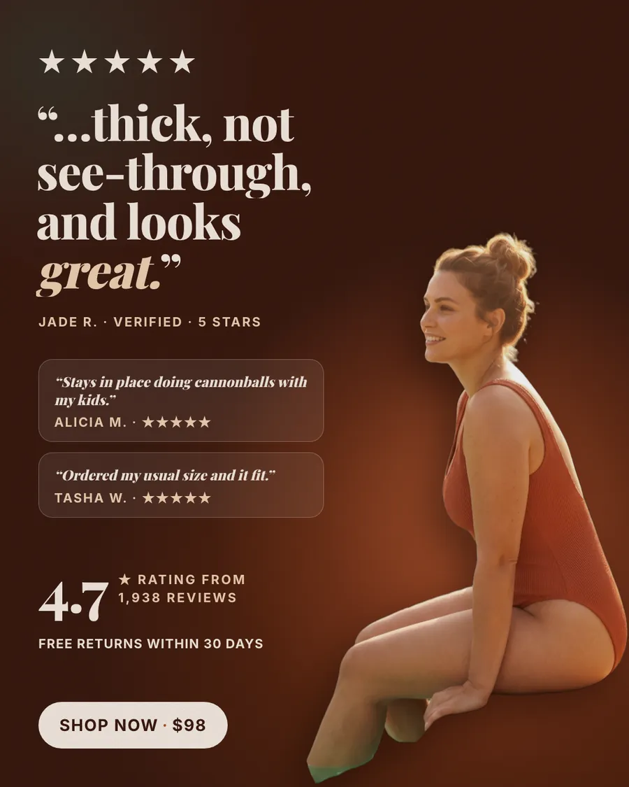 Dark brown Sunmere Swim ad: '...thick, not see-through, and looks great.' from Jade R., 5 stars, with two smaller review cards, 4.7 rating from 1,938 reviews, free returns within 30 days, a woman in a terracotta one-piece sitting by water, and a 'Shop now · $98' button.