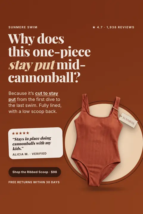 Rust brown Sunmere Swim ad: 'Why does this one-piece stay put mid-cannonball?' with a terracotta ribbed one-piece on a cream circle, a 5-star quote from Alicia M., 4.7 from 1,938 reviews, a $98 'Shop the Ribbed Scoop' button and free returns. Shown here in the 2:3 Pinterest size.