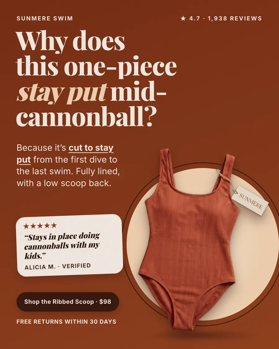 Rust brown Sunmere Swim ad: 'Why does this one-piece stay put mid-cannonball?' with a terracotta ribbed one-piece on a cream circle, a 5-star quote from Alicia M., 4.7 from 1,938 reviews, a $98 'Shop the Ribbed Scoop' button and free returns.