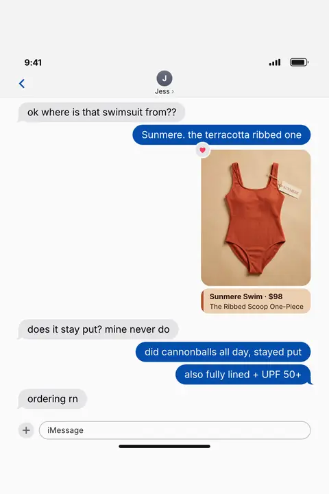 Light gray and white iMessage-style Sunmere Swim ad: 'ok where is that swimsuit from??' A text chat shows a terracotta ribbed one-piece photo card, Sunmere Swim $98, The Ribbed Scoop One-Piece, and replies like 'did cannonballs all day, stayed put'. Shown here in the 2:3 Pinterest size.
