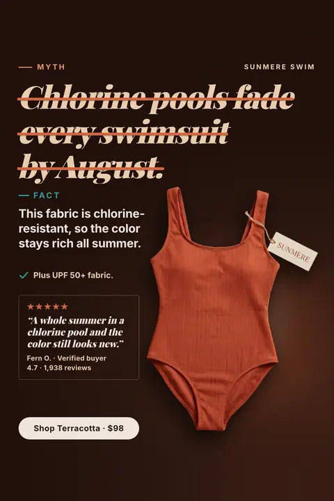 Dark brown Sunmere Swim ad: 'Chlorine pools fade every swimsuit by August.' struck through as a myth, then a fact that the fabric is chlorine-resistant, UPF 50+, a 5-star review quote, 4.7 from 1,938 reviews, a terracotta one-piece with a tag and a 'Shop Terracotta · $98' button. Shown here in the 2:3 Pinterest size.