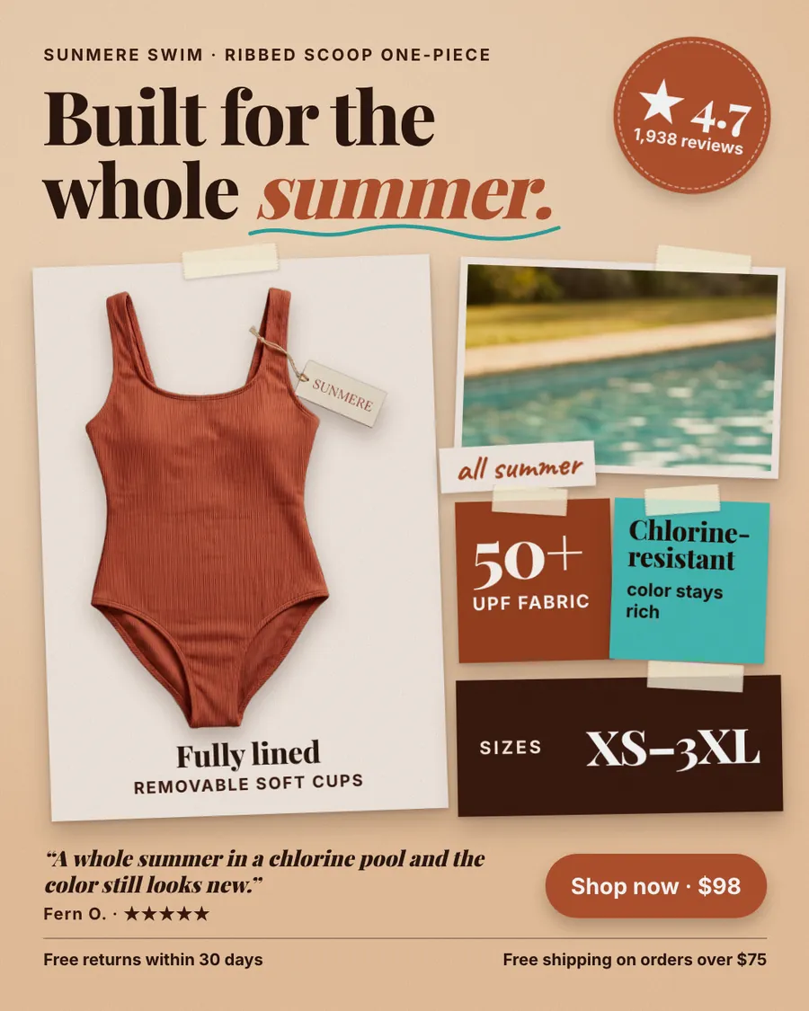 Peach-tan Sunmere Swim ad: 'Built for the whole summer.' with a terracotta ribbed one-piece photo, a pool photo, 50+ UPF fabric, chlorine-resistant color, sizes XS-3XL, a 4.7 star badge, a review quote and a 'Shop now · $98' button.