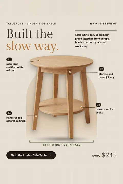 Warm beige Tallgrove ad: 'Built the slow way.' beside a photo of a round oak side table with four numbered callouts (oak top, mortise-and-tenon joinery, lower shelf, hand-rubbed oil finish), 4.9 from 418 reviews, $245 down from $295, and a 'Shop the Linden Side Table' button. Shown here in the 2:3 Pinterest size.