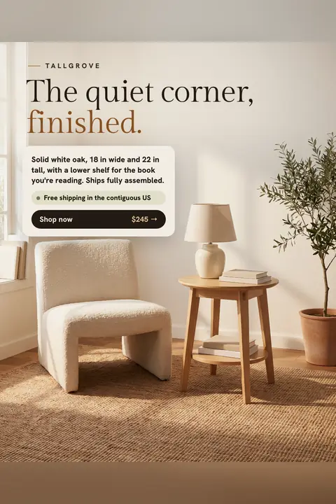 Warm cream Tallgrove ad: 'The quiet corner, finished.' over a photo of a round oak side table with books and a lamp beside a boucle chair and an olive tree. A card gives size and material, free shipping, and a 'Shop now $245' button. Shown here in the 2:3 Pinterest size.