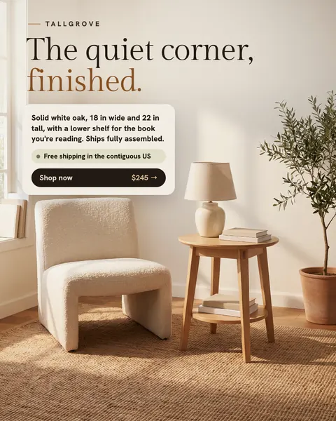 Warm cream Tallgrove ad: 'The quiet corner, finished.' over a photo of a round oak side table with books and a lamp beside a boucle chair and an olive tree. A card gives size and material, free shipping, and a 'Shop now $245' button. The 4:5 version.