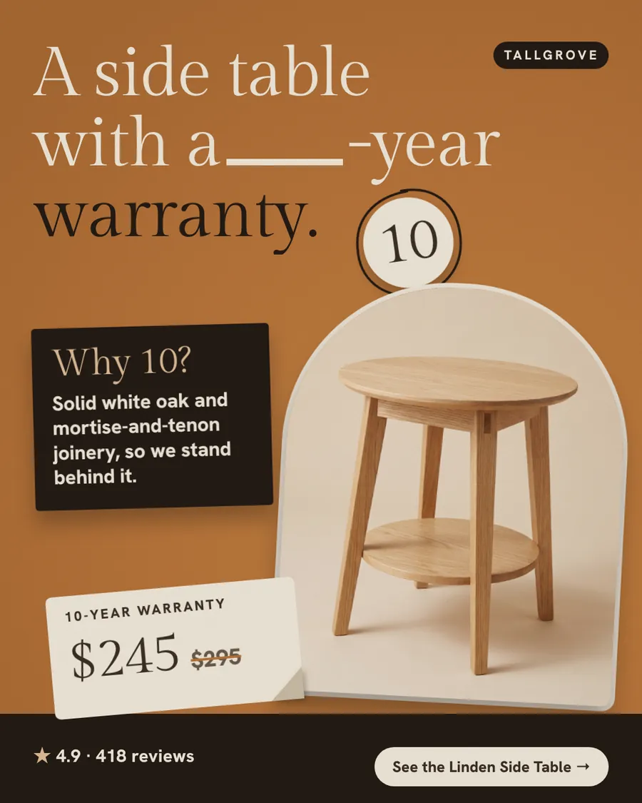 Burnt orange Tallgrove ad: 'A side table with a ____-year warranty.' with a circled 10 filling the blank, a dark note reading Why 10?, an oak side table in an arched photo, a $245 price tag with $295 crossed out, 4.9 from 418 reviews and a 'See the Linden Side Table' button.