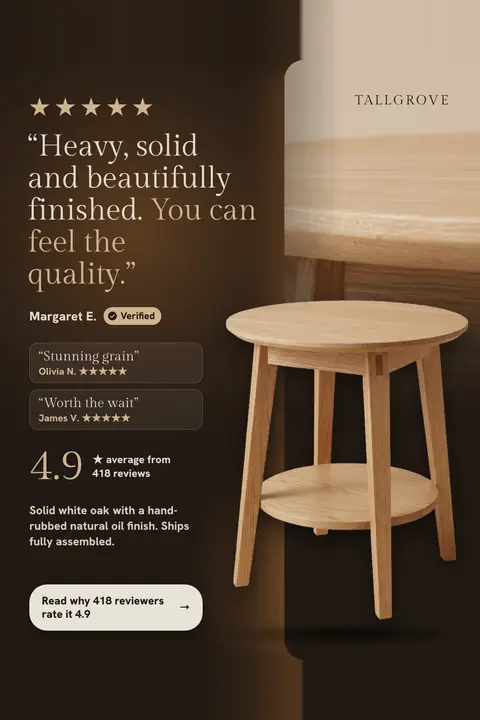 Dark brown Tallgrove ad: '“Heavy, solid and beautifully finished. You can feel the quality.”' from Margaret E., Verified, with two smaller reviews, 4.9 average from 418 reviews, an oak round side table, and a 'Read why 418 reviewers rate it 4.9' button. Shown here in the 2:3 Pinterest size.