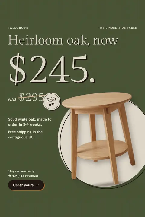 Dark green Tallgrove ad: 'Heirloom oak, now $245.' with a huge $245, the old price $295 crossed out, a round '$50 OFF' sticker, a round oak side table photo, 4.9 from 418 reviews and an 'Order yours' button. Shown here in the 2:3 Pinterest size.