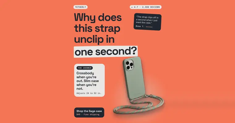 Coral Tetherly ad: 'Why does this strap unclip in one second?' with a sage green phone case on a green and coral cord, a 4.7 rating from 2,389 reviews, a quote from Bree T., an answer card and a 'Shop the Sage case' button. The 1.91:1 version.