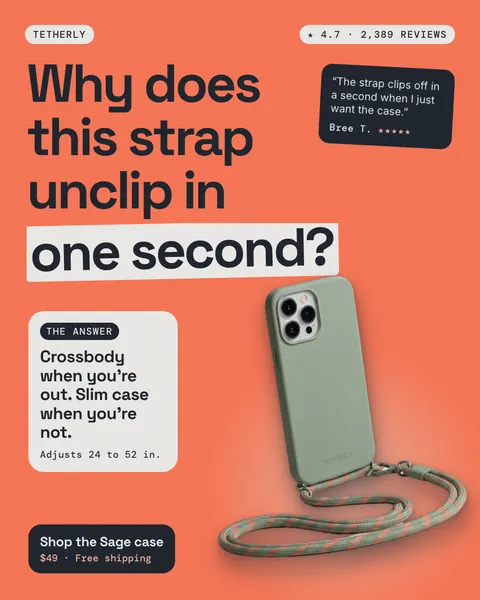 Coral Tetherly ad: 'Why does this strap unclip in one second?' with a sage green phone case on a green and coral cord, a 4.7 rating from 2,389 reviews, a quote from Bree T., an answer card and a 'Shop the Sage case' button. The 4:5 version.