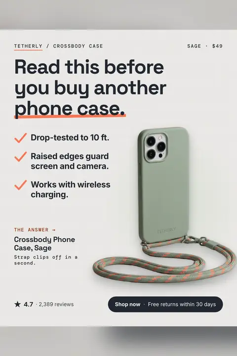 Light gray Tetherly ad: 'Read this before you buy another phone case.' with a three-point checklist beside a sage green crossbody phone case with a striped strap, SAGE · $49, 4.7 stars from 2,389 reviews and a 'Shop now' button. Shown here in the 2:3 Pinterest size.
