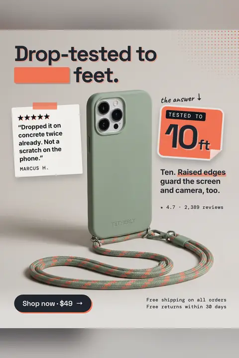 Light gray Tetherly ad: 'Drop-tested to ____ feet.' with a blank in the headline, answered by an orange sticker reading Tested to 10 ft. A sage green crossbody phone case with a striped cord, a review note, 4.7 stars and a 'Shop now · $49' button. Shown here in the 2:3 Pinterest size.