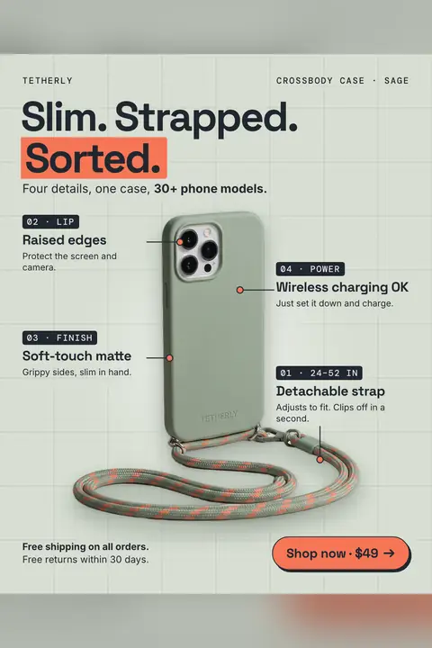 Pale sage green gridded Tetherly ad: 'Slim. Strapped. Sorted.' with 'Sorted.' on an orange highlight. A sage crossbody case with a green and orange rope strap has four callouts, plus free shipping text and a 'Shop now · $49' button. Shown here in the 2:3 Pinterest size.